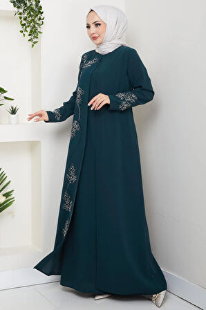 Büyük Beden Yaprak Taşlı Anne Elbisesi Zümrüt HM2350