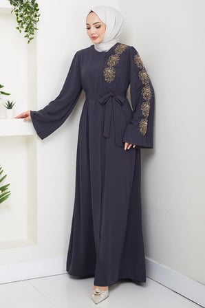 Çiçek Taşlı Kuşaklı Ferace Füme HM2713