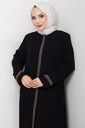 Çiçek Nakışlı Büyük Beden Ferace Siyah HM2844