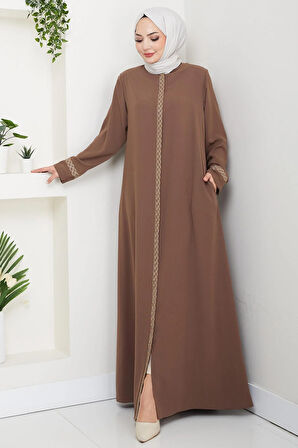 Çiçek Nakışlı Büyük Beden Ferace Kahverengi HM2844