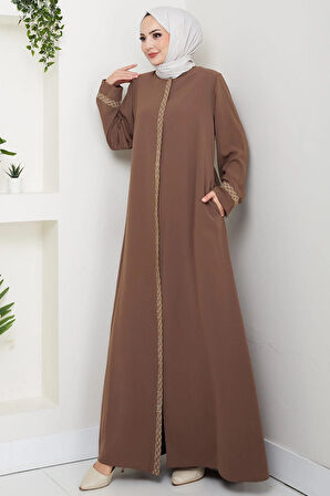 Çiçek Nakışlı Büyük Beden Ferace Kahverengi HM2844
