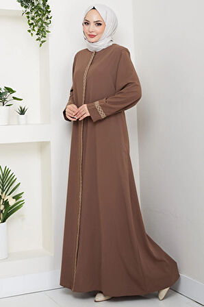 Çiçek Nakışlı Büyük Beden Ferace Kahverengi HM2844