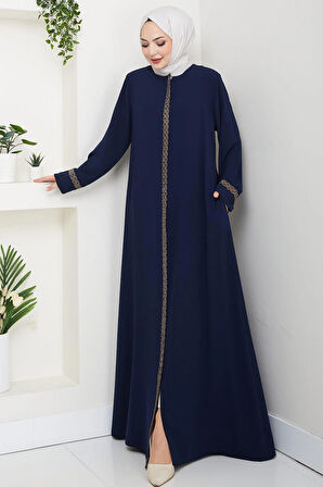 Çiçek Nakışlı Büyük Beden Ferace Lacivert HM2844