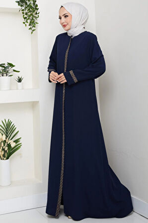 Çiçek Nakışlı Büyük Beden Ferace Lacivert HM2844