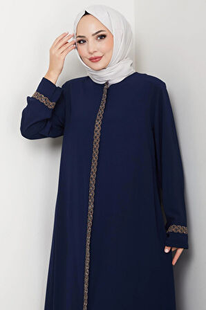 Çiçek Nakışlı Büyük Beden Ferace Lacivert HM2844