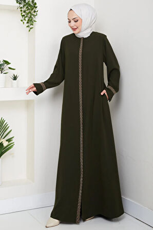 Çiçek Nakışlı Büyük Beden Ferace Haki HM2844