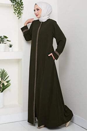 Çiçek Nakışlı Büyük Beden Ferace Haki HM2844