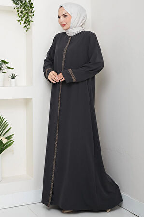 Çiçek Nakışlı Büyük Beden Ferace Füme HM2844