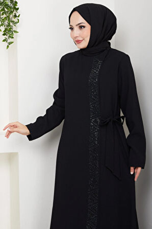 Gizli Fermuarlı Yandan Bağlamalı Boncuklu Ferace Siyah HM2845