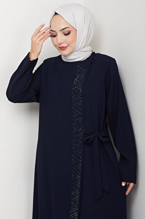 Gizli Fermuarlı Yandan Bağlamalı Boncuklu Ferace Lacivert HM2845