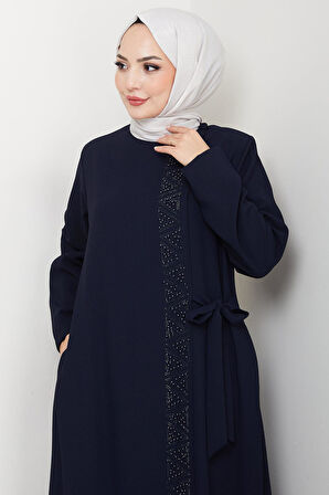 Gizli Fermuarlı Yandan Bağlamalı Boncuklu Ferace Lacivert HM2845