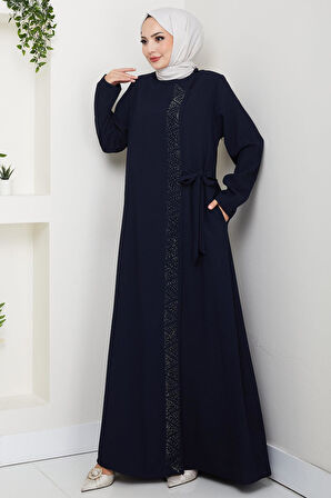 Gizli Fermuarlı Yandan Bağlamalı Boncuklu Ferace Lacivert HM2845