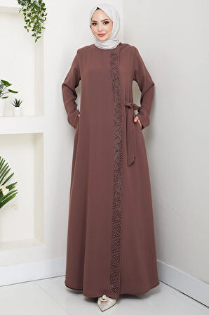 Gizli Fermuarlı Yandan Bağlamalı Boncuklu Ferace Kahverengi HM2845