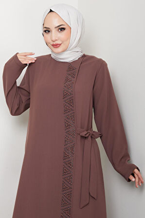 Gizli Fermuarlı Yandan Bağlamalı Boncuklu Ferace Kahverengi HM2845