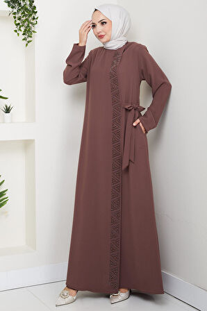 Gizli Fermuarlı Yandan Bağlamalı Boncuklu Ferace Kahverengi HM2845
