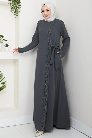 Gizli Fermuarlı Yandan Bağlamalı Boncuklu Ferace Füme HM2845