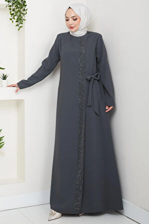 Gizli Fermuarlı Yandan Bağlamalı Boncuklu Ferace Füme HM2845