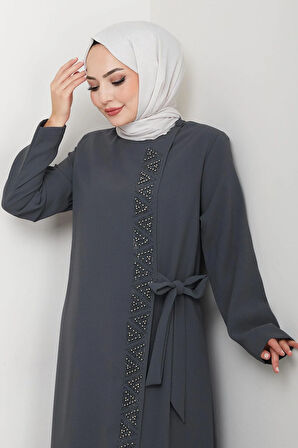 Gizli Fermuarlı Yandan Bağlamalı Boncuklu Ferace Füme HM2845