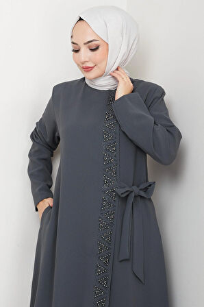 Gizli Fermuarlı Yandan Bağlamalı Boncuklu Ferace Füme HM2845