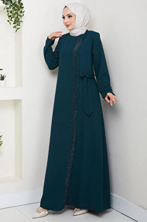 Gizli Fermuarlı Yandan Bağlamalı Boncuklu Ferace Zümrüt HM2845