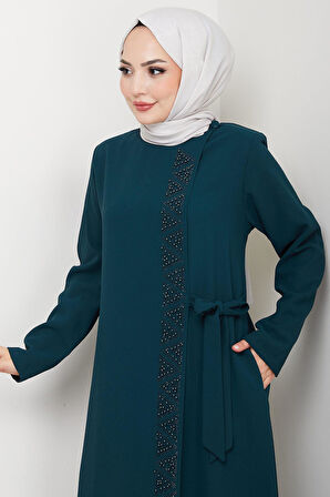 Gizli Fermuarlı Yandan Bağlamalı Boncuklu Ferace Zümrüt HM2845
