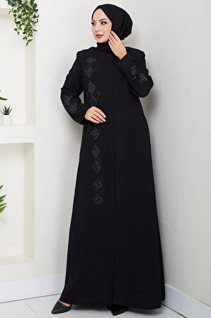 Deri İşlemeli Ferace Siyah HM2849
