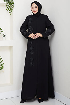 Deri İşlemeli Ferace Siyah HM2849