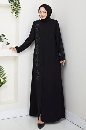 Deri İşlemeli Ferace Siyah HM2849