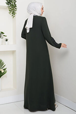 Deri İşlemeli Ferace Haki HM2849