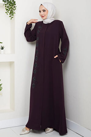 Deri İşlemeli Ferace Mürdüm HM2849