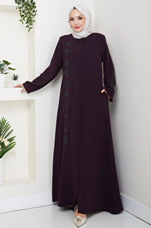 Deri İşlemeli Ferace Mürdüm HM2849