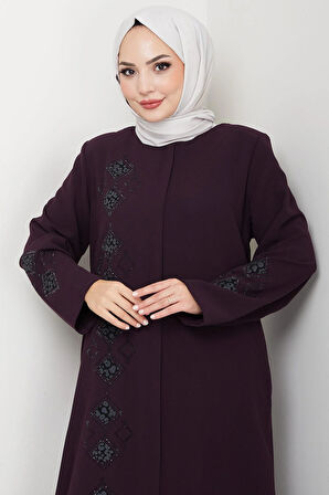 Deri İşlemeli Ferace Mürdüm HM2849