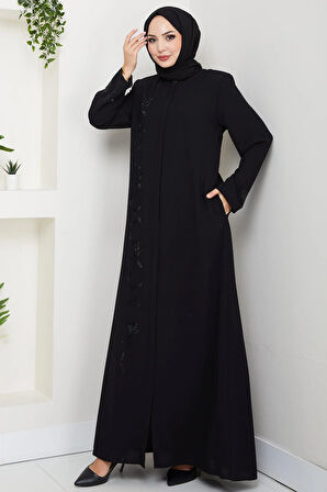 Gizli Patlı Taşlı Ferace Siyah HM2851