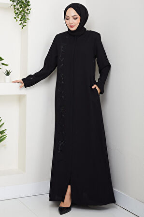 Gizli Patlı Taşlı Ferace Siyah HM2851