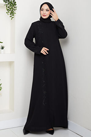 Gizli Patlı Taşlı Ferace Siyah HM2851