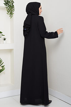 Gizli Patlı Taşlı Ferace Siyah HM2851