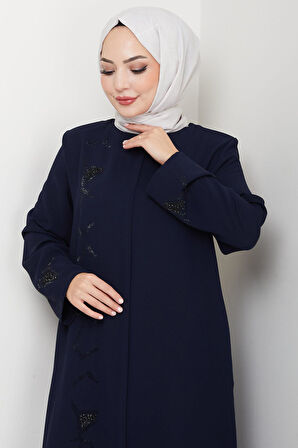 Gizli Patlı Taşlı Ferace Lacivert HM2851