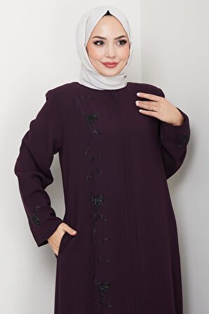 Gizli Patlı Taşlı Ferace Mürdüm HM2851