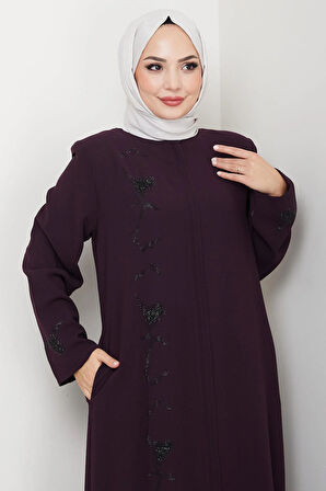 Gizli Patlı Taşlı Ferace Mürdüm HM2851