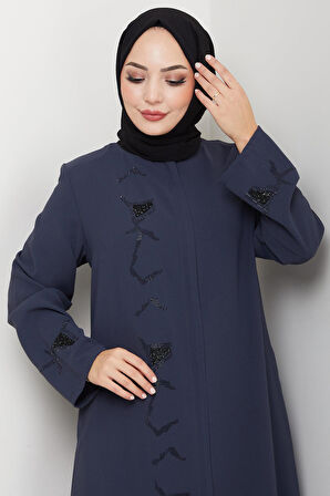 Gizli Patlı Taşlı Ferace Füme HM2851