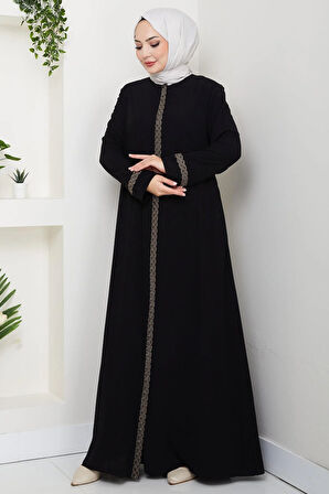 Çiçek Nakışlı Büyük Beden Ferace Siyah HM2844