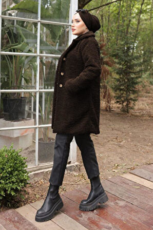 Kruvaze Yaka Peluş Mont Kahverengi HM2507