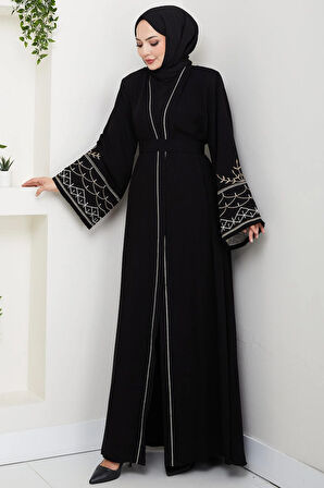 Nakışlı Kuşaklı Abaya Siyah HM2852