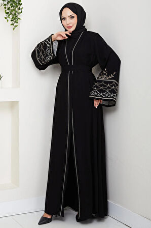 Nakışlı Kuşaklı Abaya Siyah HM2852