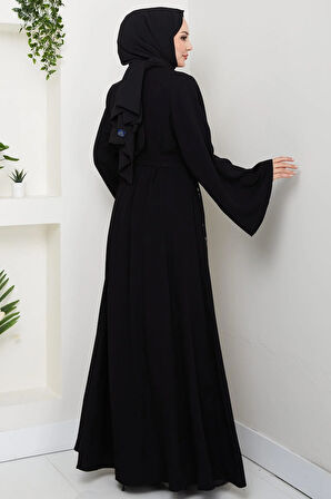 Kuşaklı Çiçek Taşlı Ferace Siyah HM2853