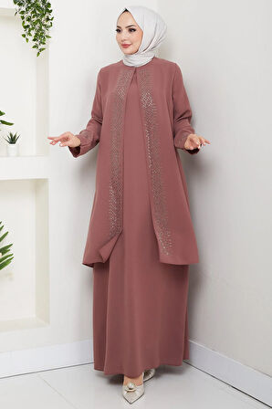 Parlak Taşlı Büyük Beden Anne Elbisesi Kiremit HM2856