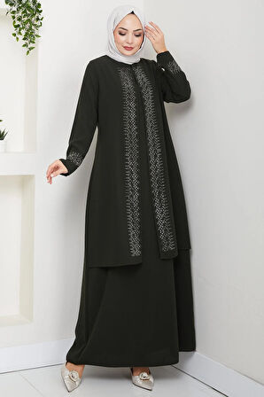 Parlak Taşlı Büyük Beden Anne Elbisesi Haki HM2856