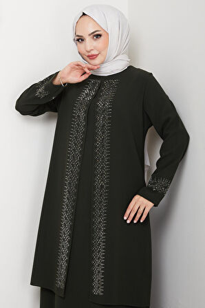 Parlak Taşlı Büyük Beden Anne Elbisesi Haki HM2856