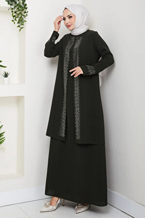 Parlak Taşlı Büyük Beden Anne Elbisesi Haki HM2856