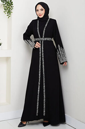 Taş Detaylı İçlikli Abaya Takım Siyah HM2858